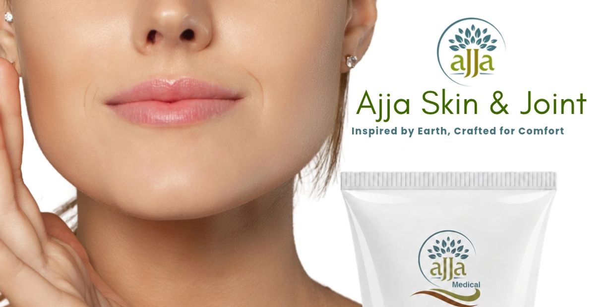 Close-up of a woman with clear skin beside Ajja Skin &amp; Joint branding.
