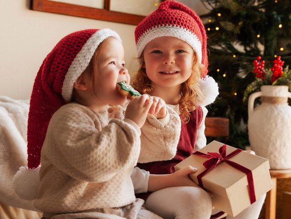 Two kids in Santa hats with a gift and cookie.