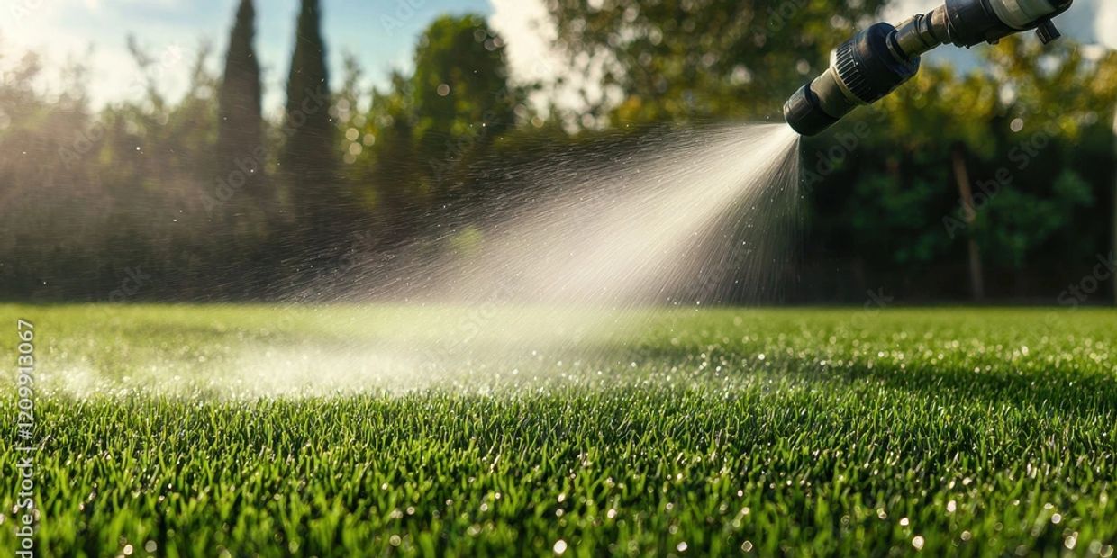 A garden hose spraying water onto a lush green lawn in sunlight.
