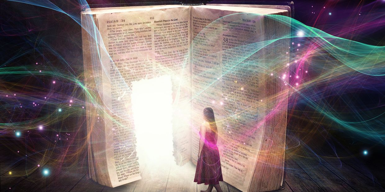 A girl stands before a glowing, giant open book with magical light effects.