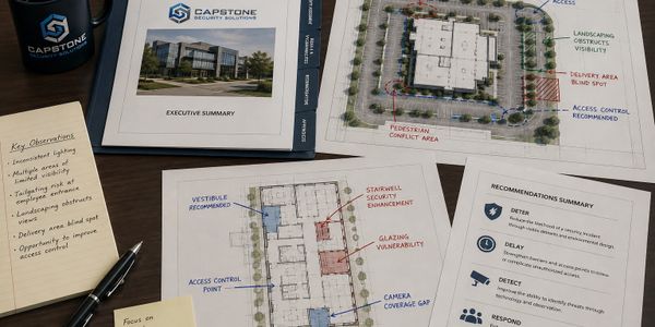 Security assessment report with building layout and recommendations on a desk.
