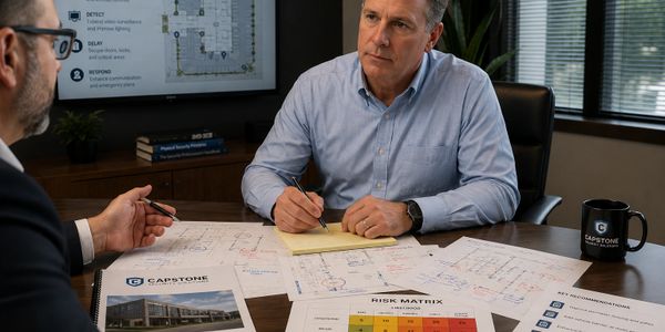 Two men discussing architectural plans and risk matrix in an office meeting.