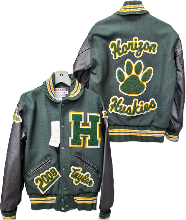Horizon Huskies varsity letterman jacket with black leather sleeves & custom made chenille patches.