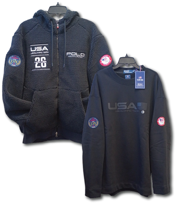Polo Ralph Lauren Team USA Olympic gear: black sherpa zip hoodie and long sleeve crewneck.