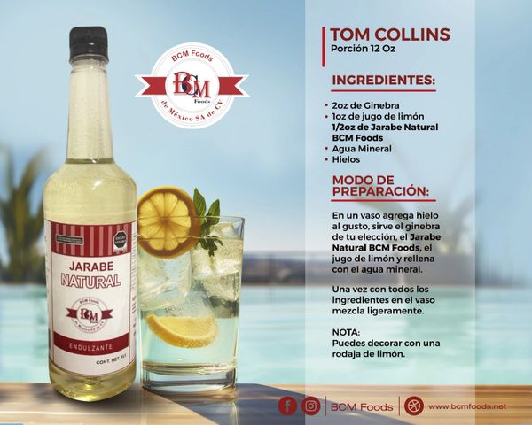 Bottle of natural syrup with a Tom Collins cocktail recipe beside it.