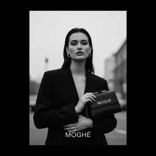 Black and white portrait of a woman in a blazer holding a MOGHÉ handbag.