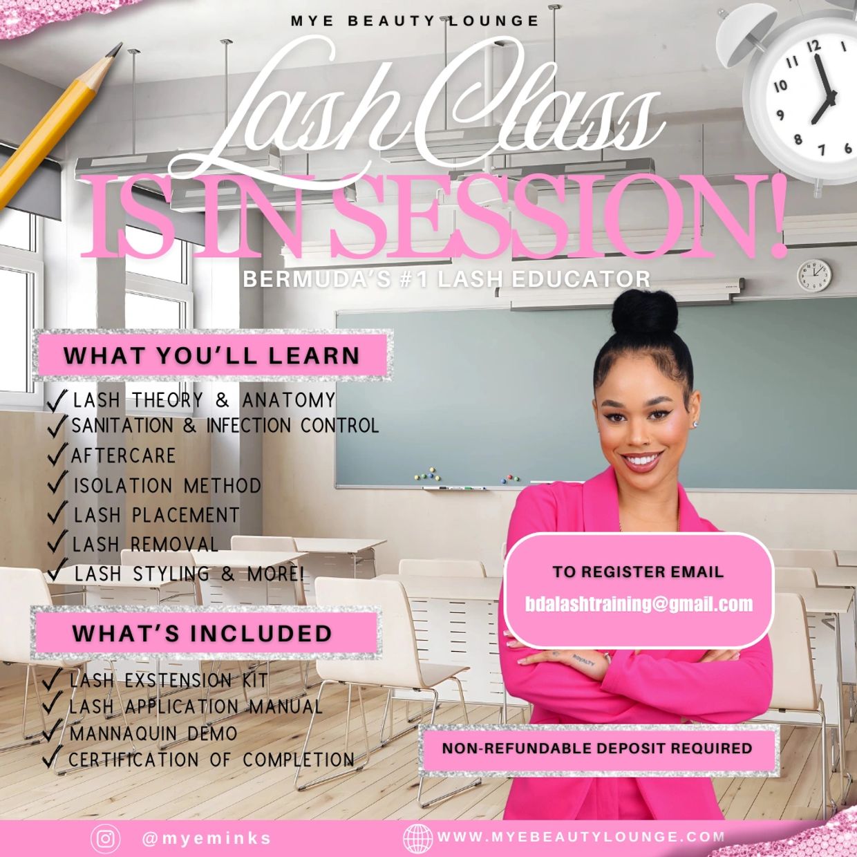 Beauty lounge promotes lash class with detailed learning outcomes and registration info.