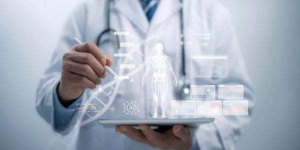 Doctor using AI and digital health technology on tablet.