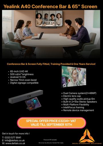 Business meeting using Yealink A40 Conference Bar with a large 65" screen.