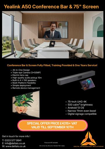 Conference room set up with Yealink A50 Bar and 75" screen.