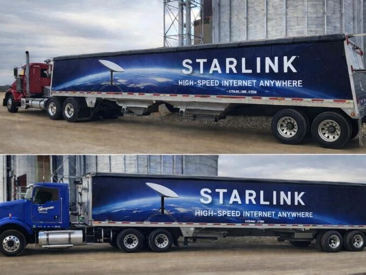 Two trucks with Starlink ads promoting high-speed internet anywhere.