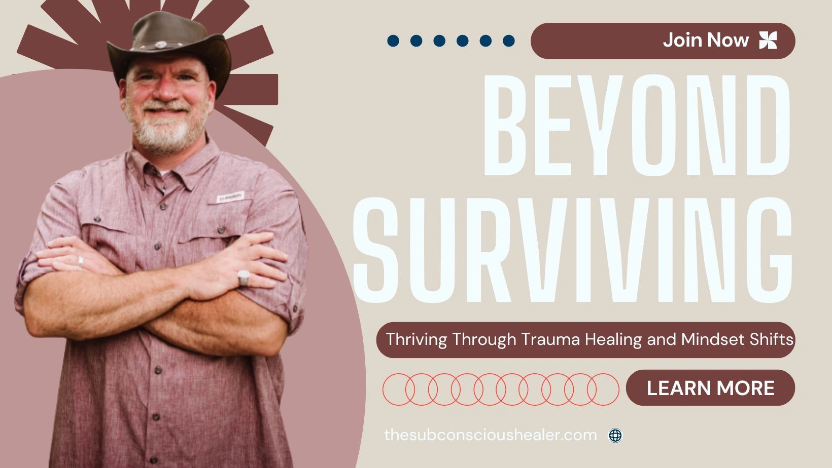 Man in a hat promoting trauma healing and mindset shifts program.