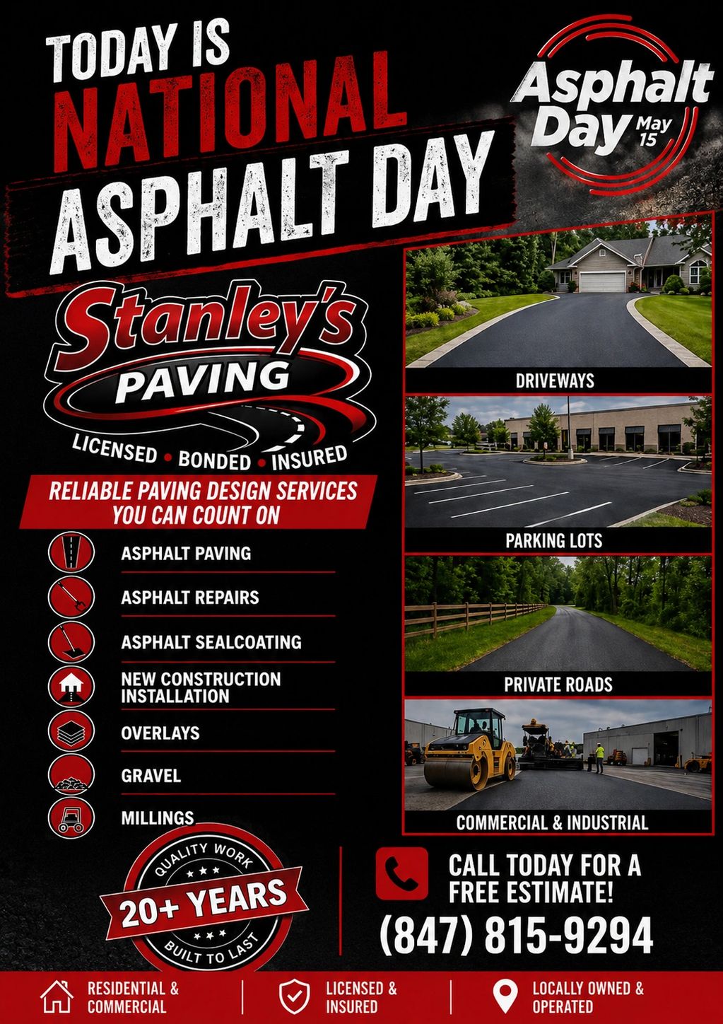 Stanley’s Paving promotion for asphalt paving and sealcoating services in Illinois
