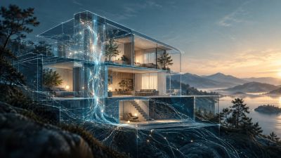 Conceptual image of a transparent house structure with blueprint lines and neural network pathways, 