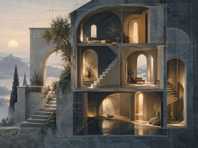 A serene multi-level stone house with arches and warm lighting.