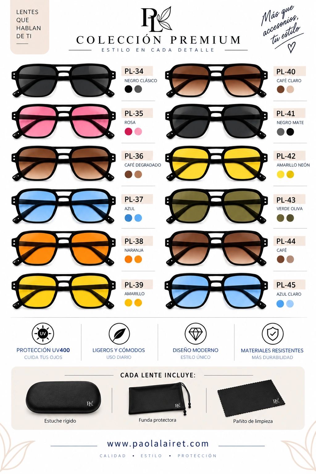 Colección de lentes premium con diversos colores y protección UV400.