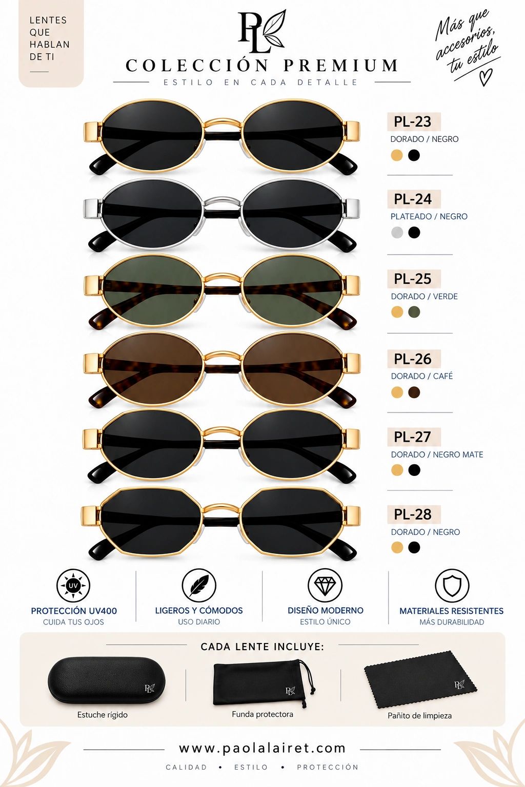 Colección premium de lentes con diferentes colores y protección UV400.