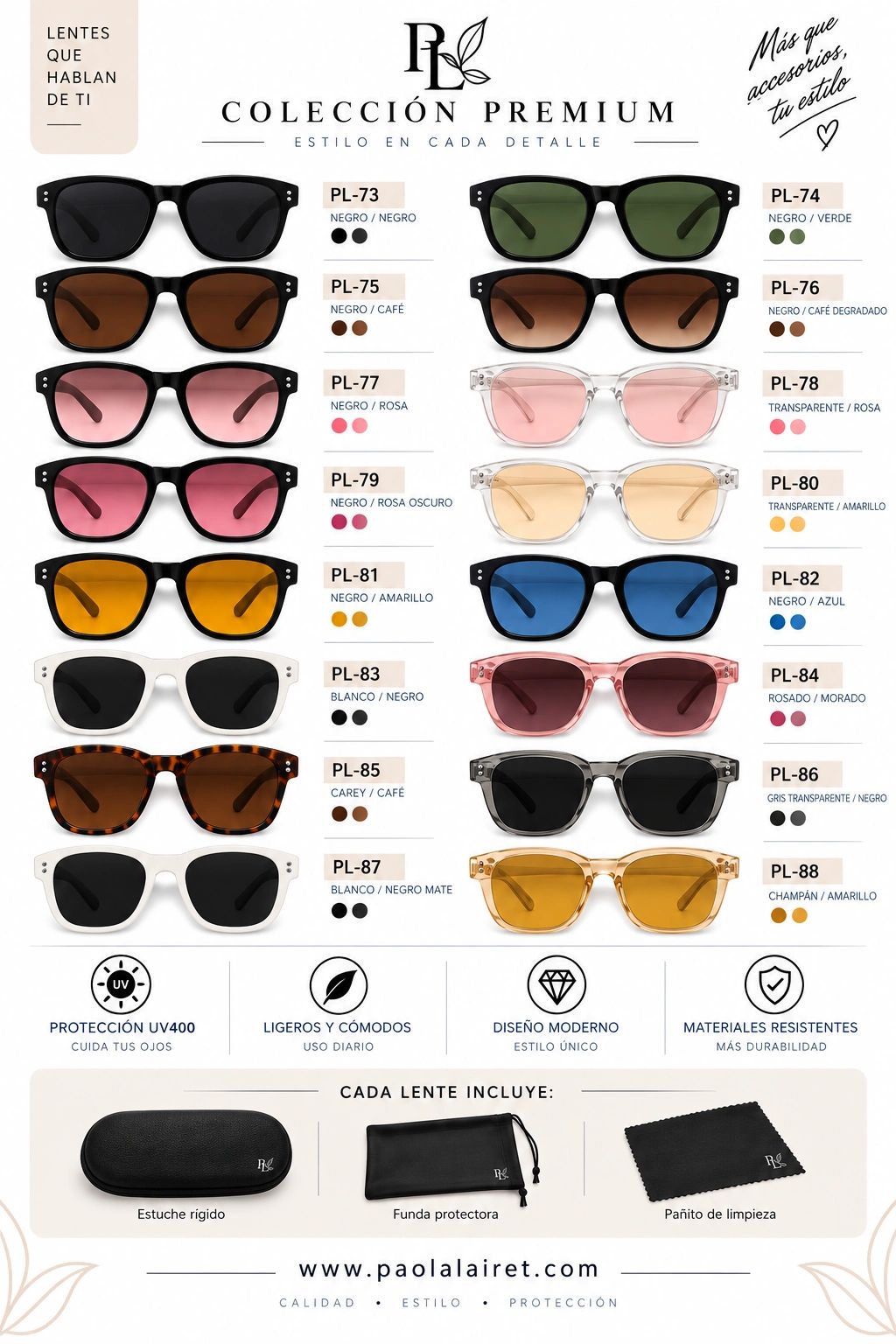 Catálogo de lentes premium con varios colores y estuches incluidos.