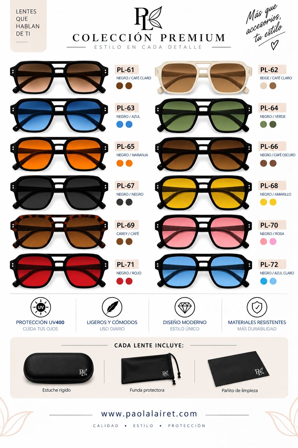Gafas de sol premium en varios colores y estilos con protección UV400.