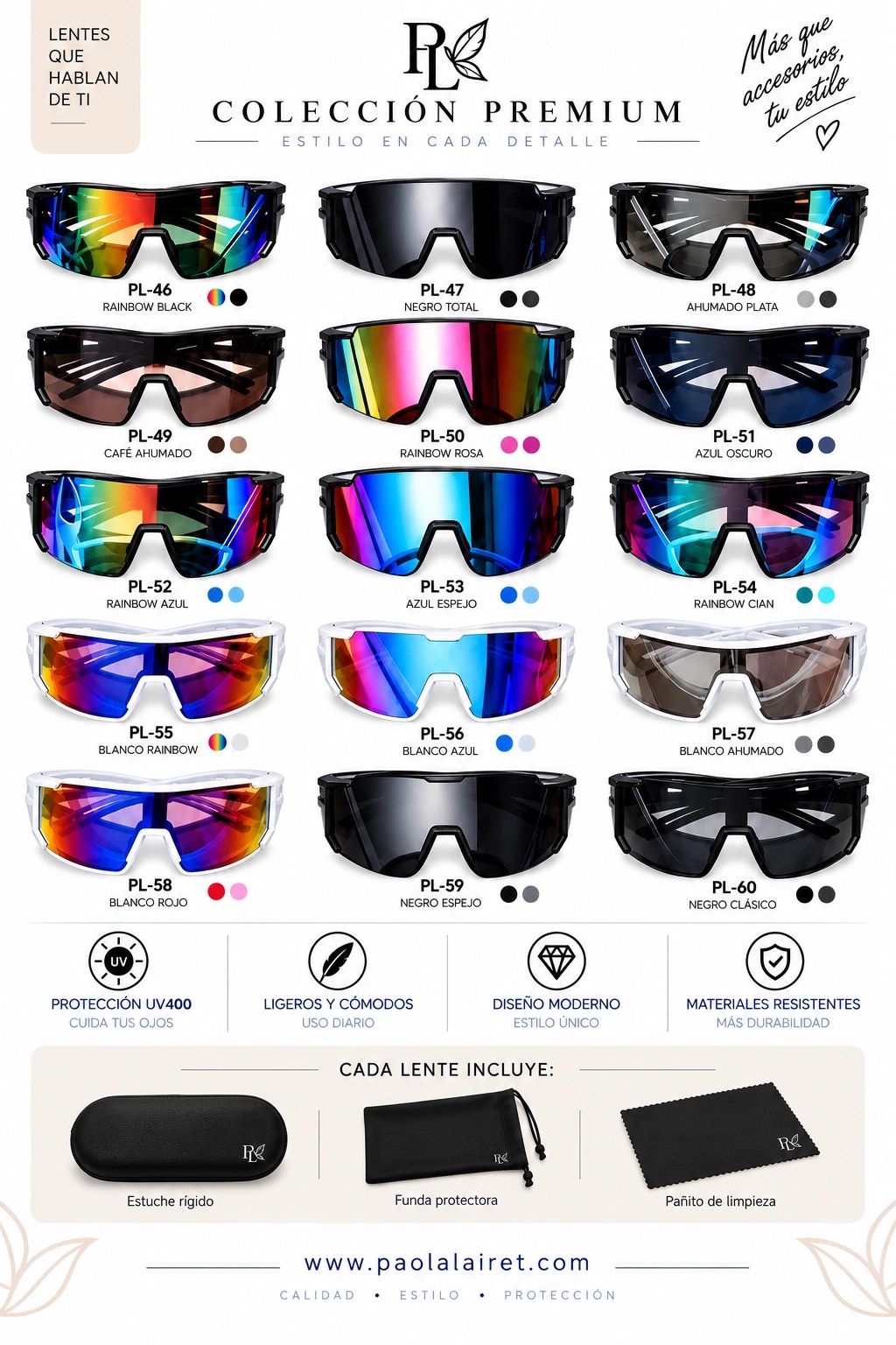 Colección premium de lentes modernos con protección UV y diferentes colores.