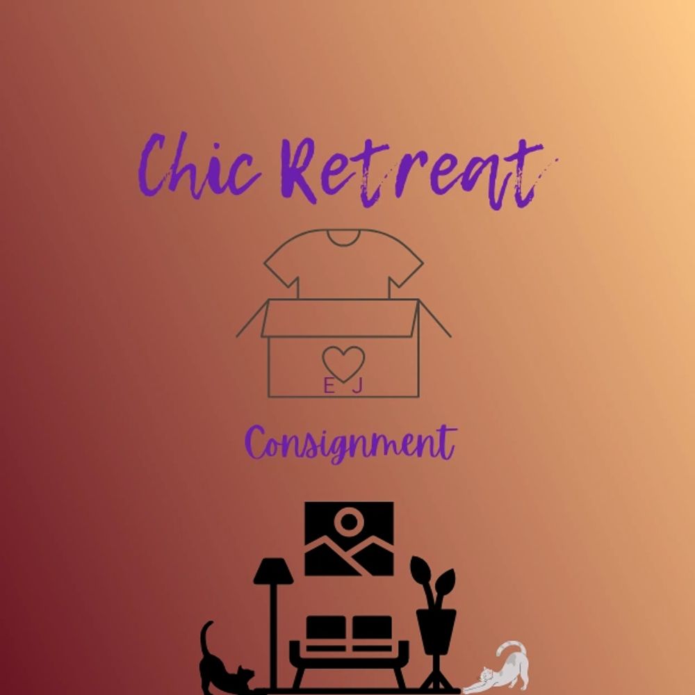 Logo for Chic Retreat Consignment with cozy home elements and cats.