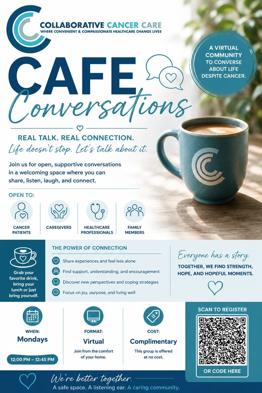 Virtual support group for cancer patients and caregivers, fostering real connection and hope.