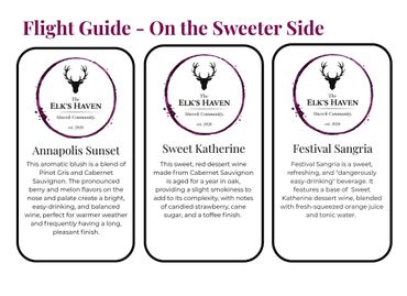 Visual guide to sweet wines and sangria from Elk's Haven vineyard.