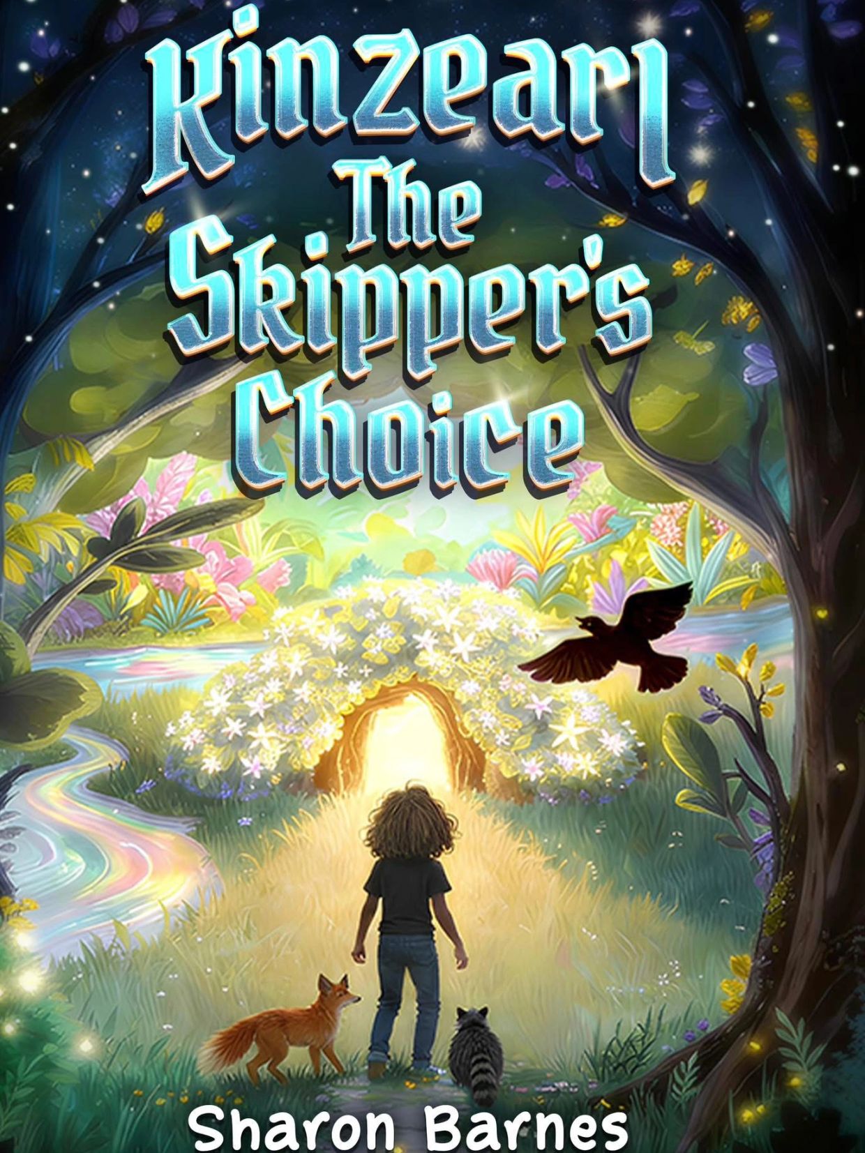 A child with animals approaches a glowing floral tunnel in a magical forest.