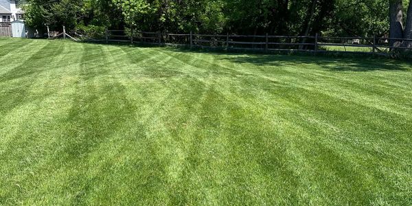 An image of a freshly cut lawn with diagonal intersecting stripes.