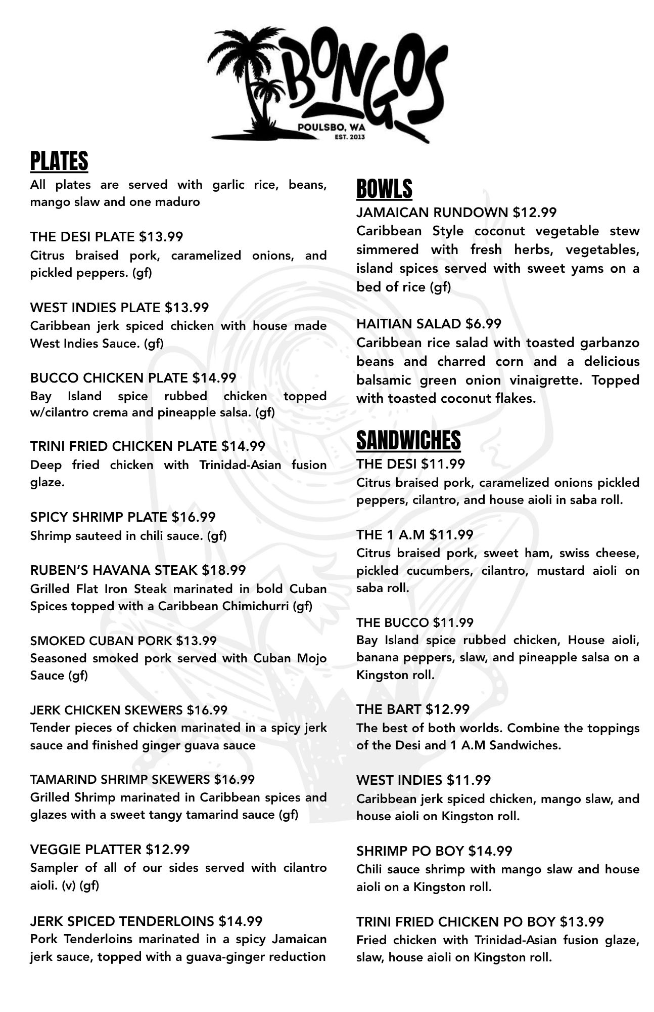 Menu from Bongos Poulsbo featuring plates, bowls, and sandwiches with Caribbean-inspired dishes.