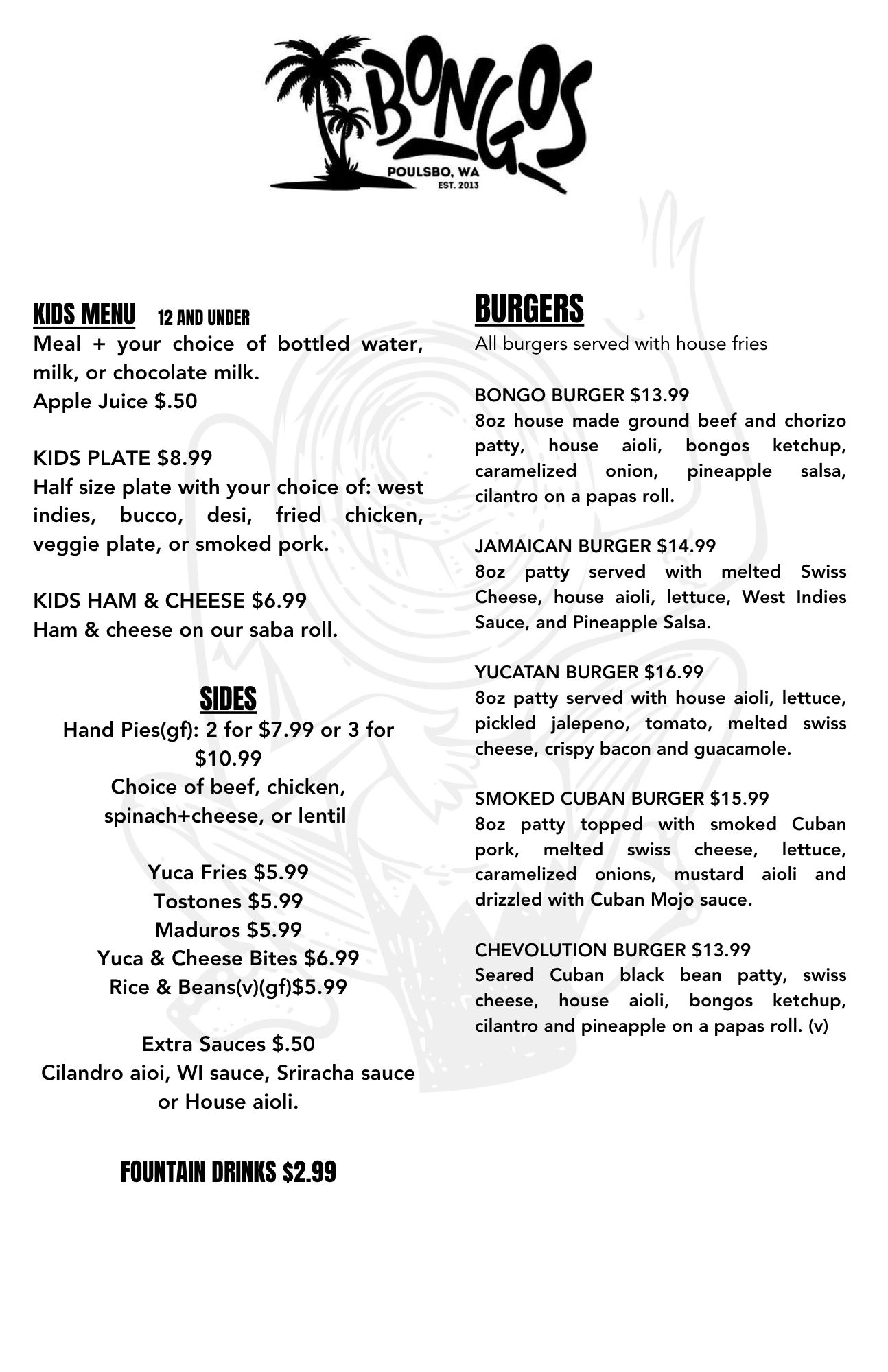 Menu featuring kids meals, sides, and burgers with house fries at Bongos in Poulsbo, WA.