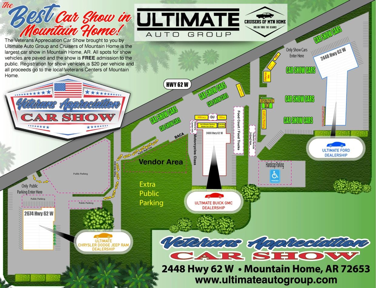 Map of Veterans Appreciation Car Show in Mountain Home with parking, vendor area, and car show zones.