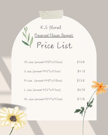 Price list for preserved flower bouquets in various sizes with floral accents.