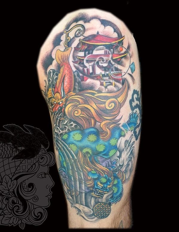 Foo dog thigh tattoo