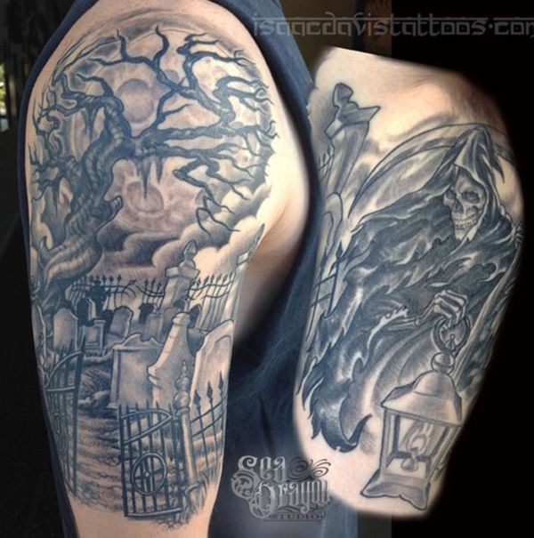 Cemetery gates and grim reaper black and grey tattoo 