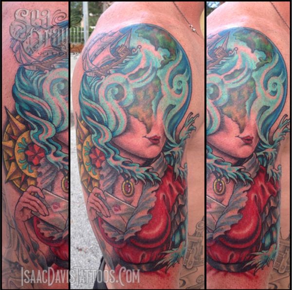 Neotraditional globe Lady tattoo 