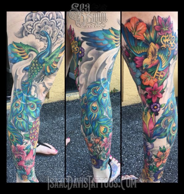 Peacock leg sleeve tattoo