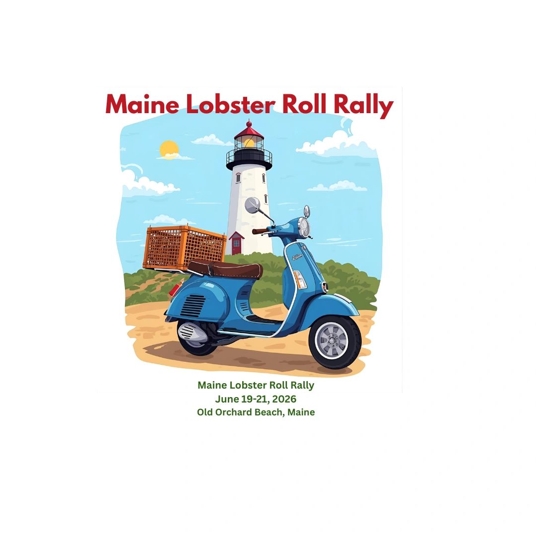 Illustration of a blue scooter with a lobster trap near a lighthouse for a Maine Lobster Roll Rally event.