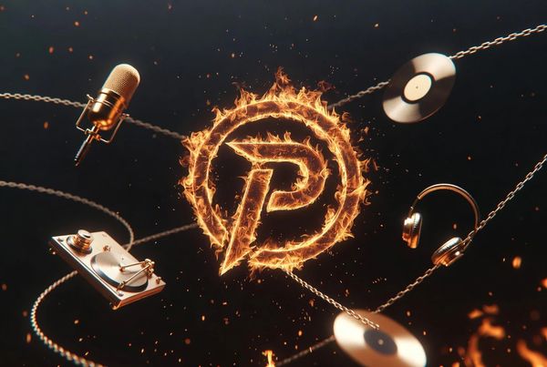 Fiery DJ logo surrounded by music equipment.