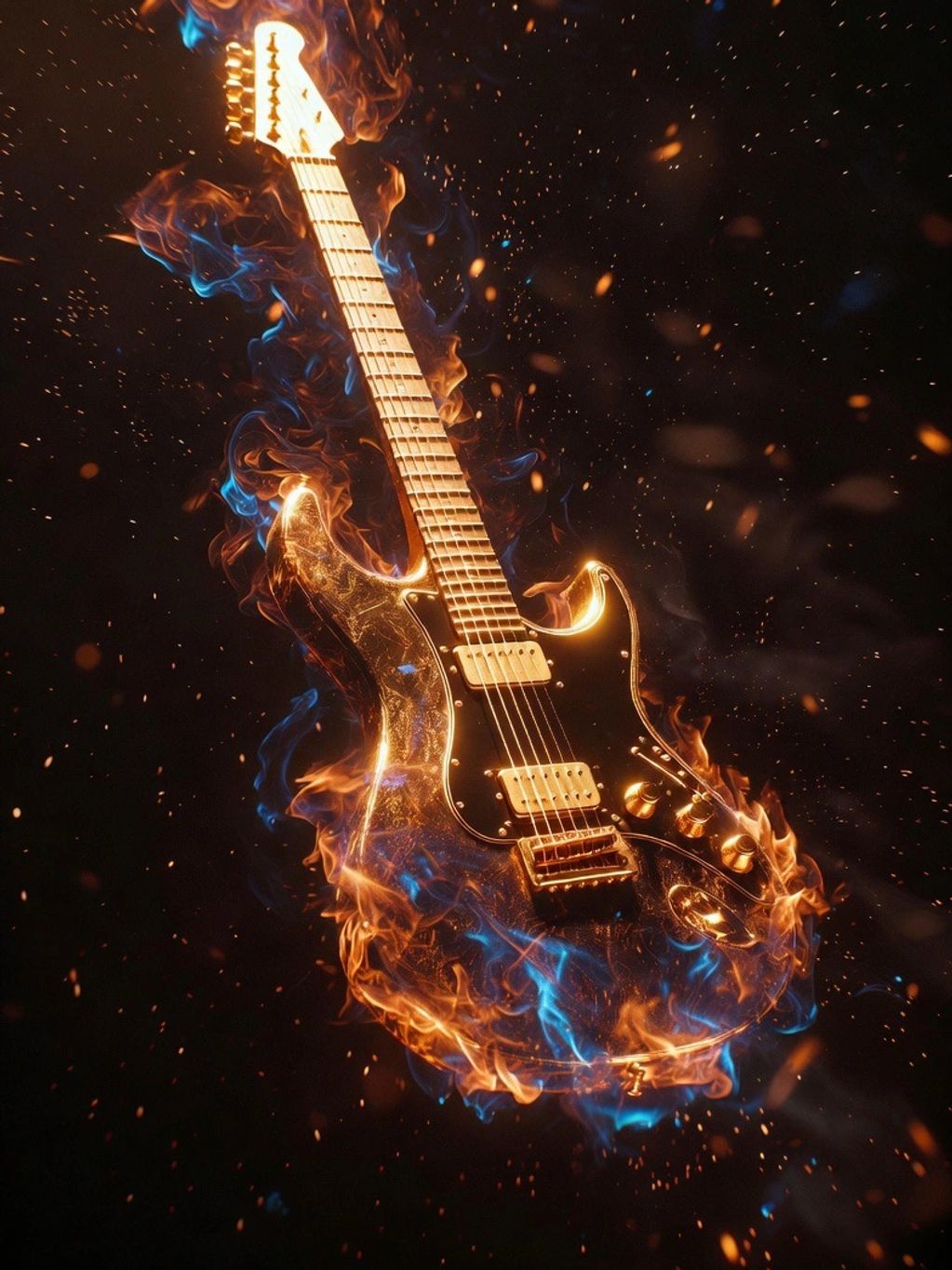 Electric guitar engulfed in blue and orange flames.
