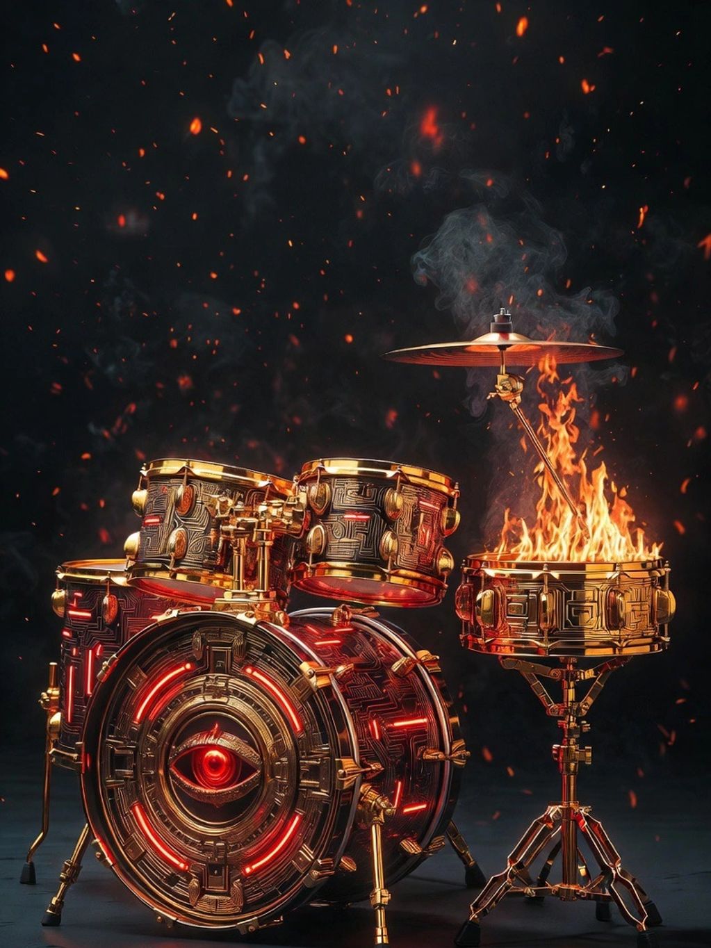 A futuristic drum set with flames on the snare drum.