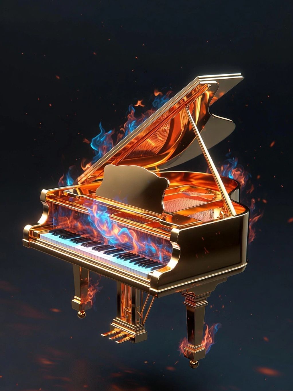 Golden grand piano engulfed in blue and orange flames.