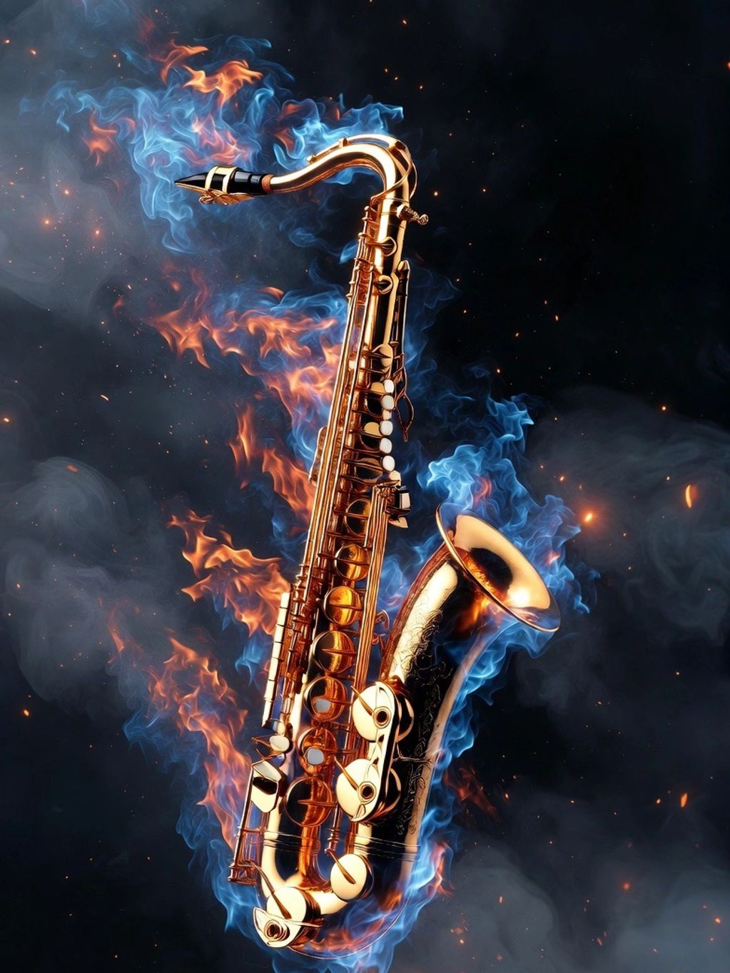 A saxophone surrounded by blue and orange flames.