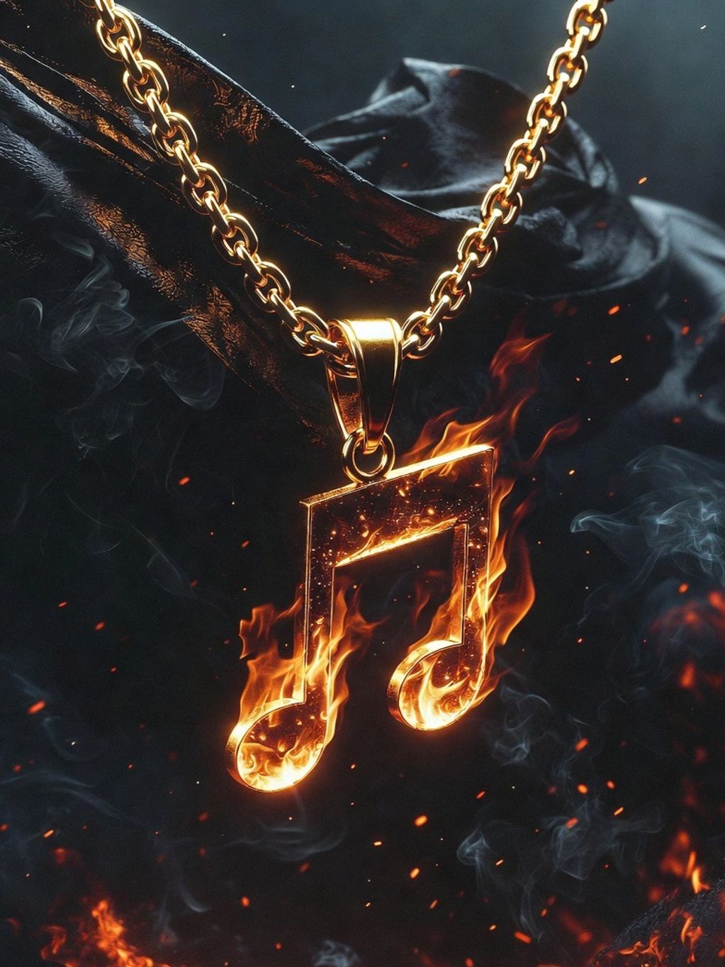 Gold music note necklace engulfed in flames.
