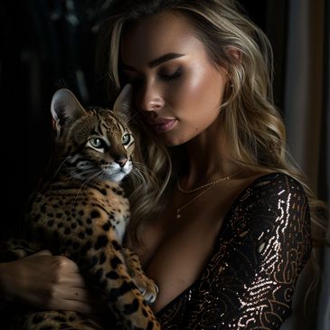 Beautiful Bulgarian woman holds an F2 Savannah Cat. The Animal Mansion is here to make everyone rich