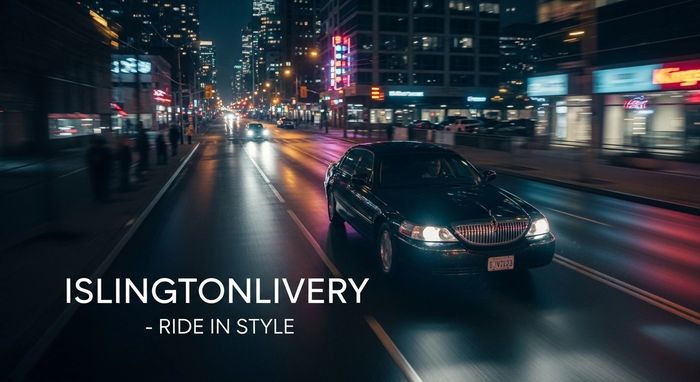Luxury car driving through city streets at night with 'Islington Livery' text.