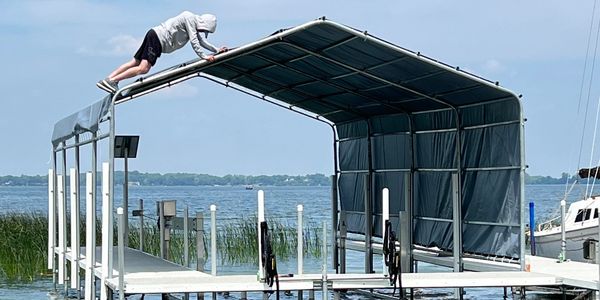 Boathouse and lift installation on Lake Minnetonka in Minnetrista, Minnesota.