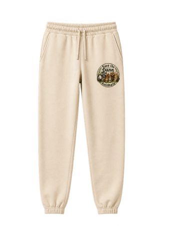 Beige sweatpants with a wildlife-themed patch on the left thigh.