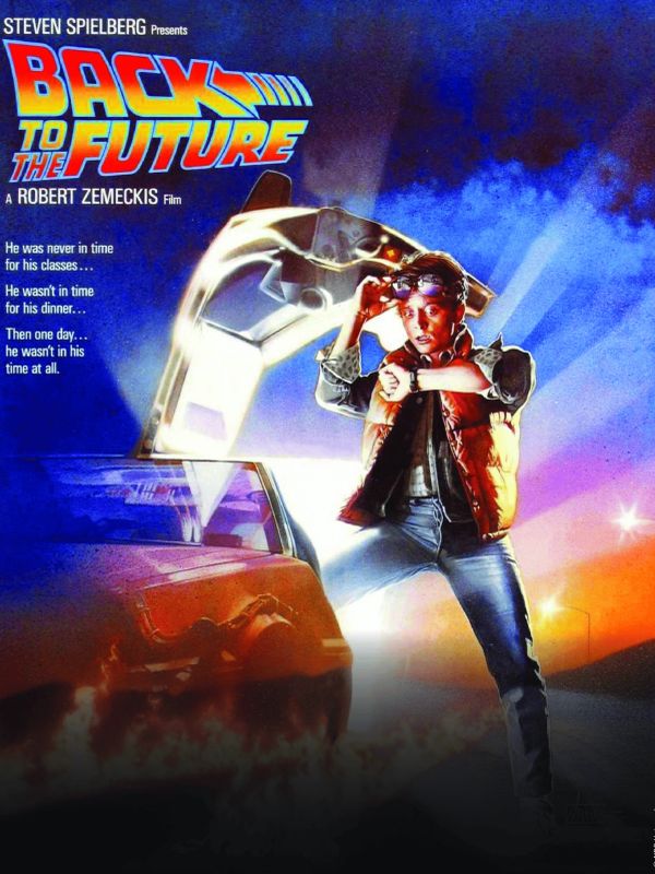 Back to the Future movie poster featuring a man with a DeLorean car.