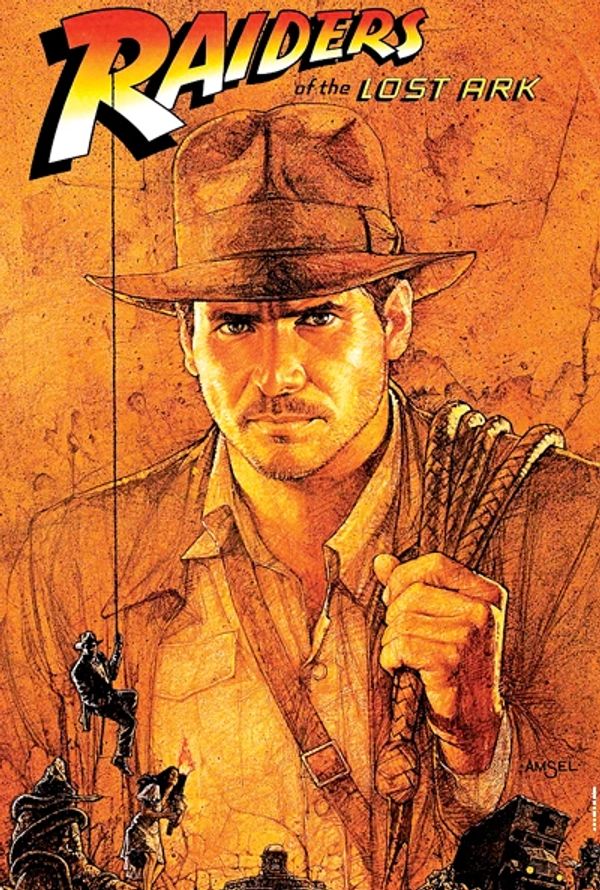 Illustrated movie poster of Raiders of the Lost Ark with Indiana Jones.